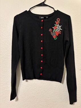 Alternative Black Cardigan with Red Rose & Anchor Embroidery